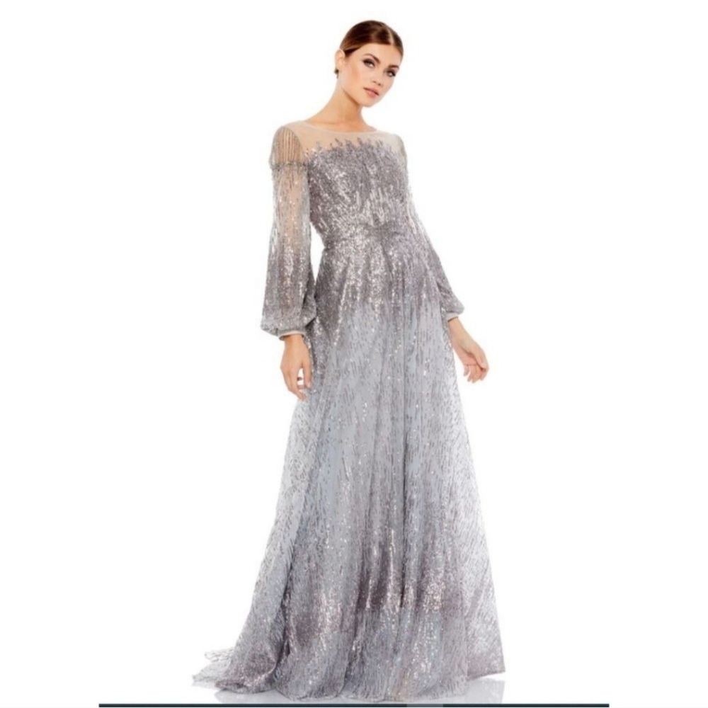 MAC DUGGAL BEADED SEQUIN EMBELLISHED ILLUSION LONG SLEEVE A LINE GOWN #20307 NWT